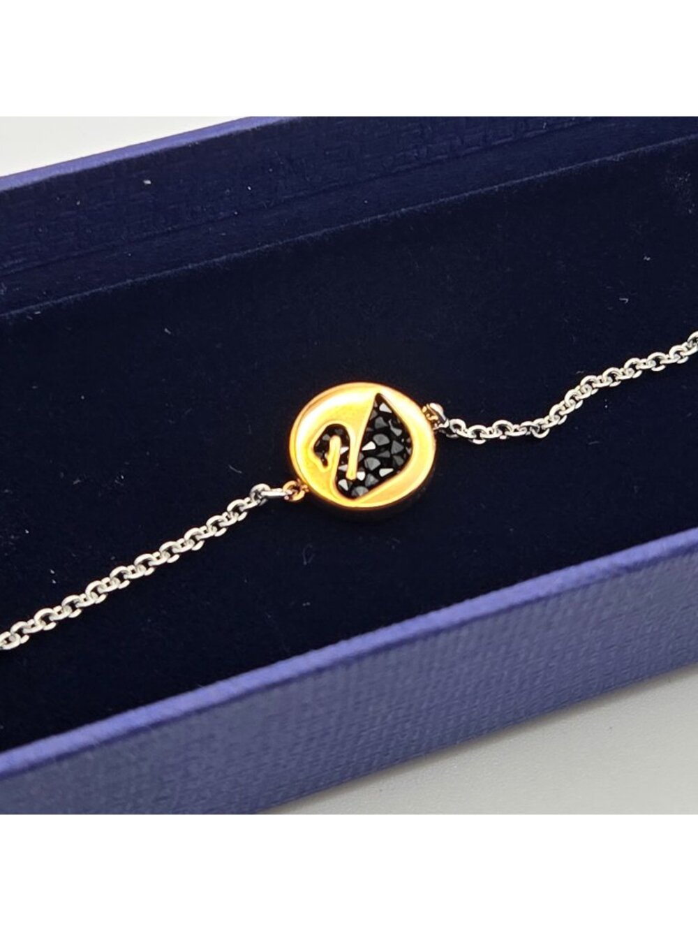 Swarovski Swan Crystal Strand Bracelet Gold-Tone Black